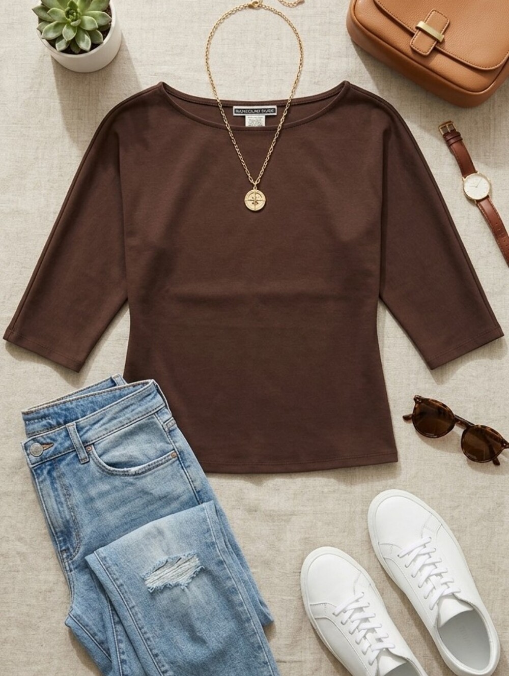 The Look Brown 3/4 Sleeve Top